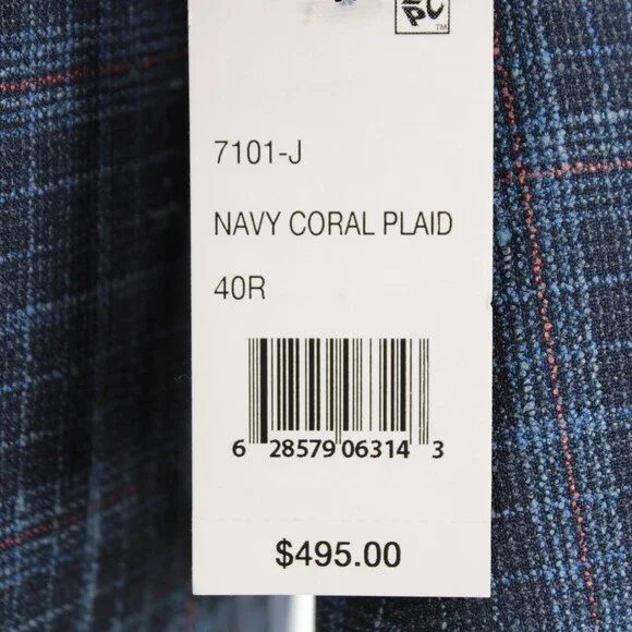 Cardinal of Canada NWT Wool Blend Sport Coat Size 40R US In Blue w/ Coral Plaid